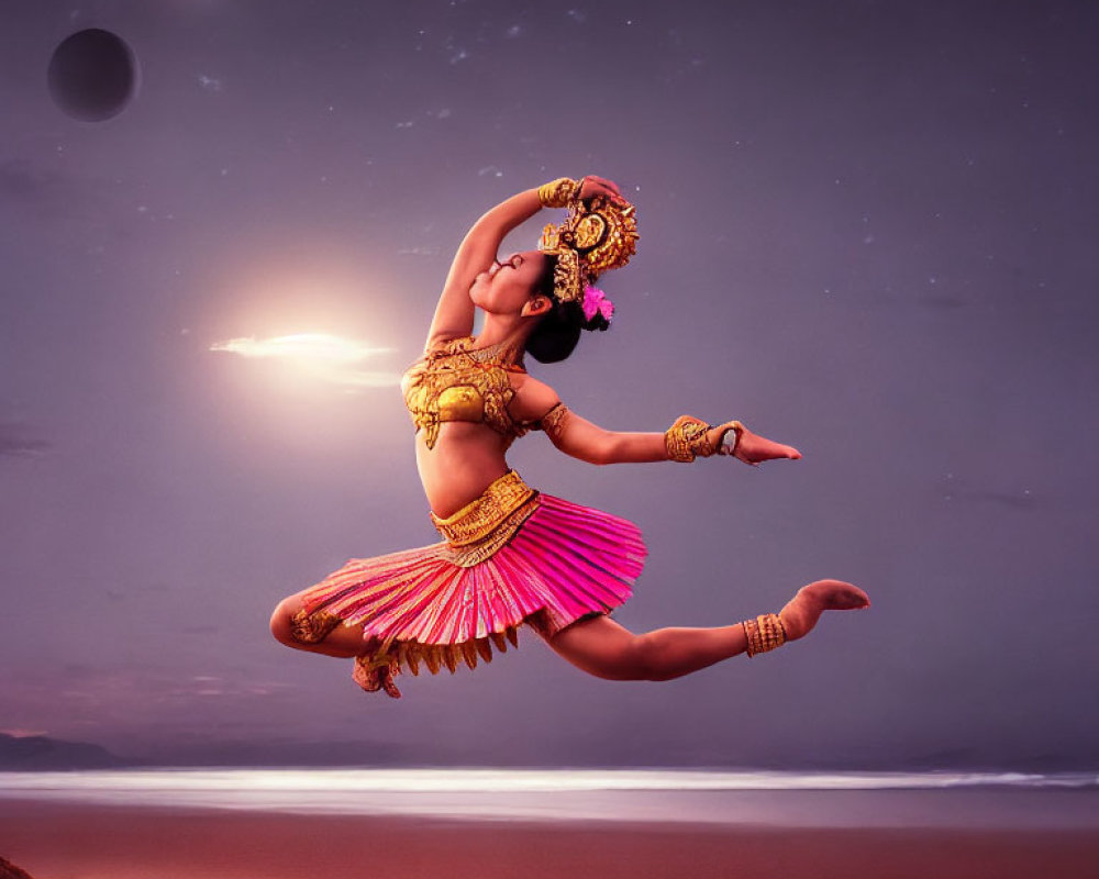 Traditional Indian attire dancer leaps on beach at twilight