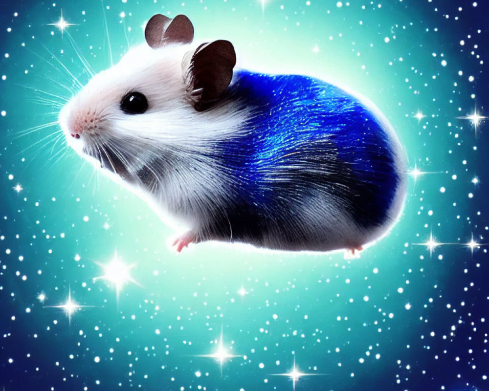 Cosmic blue and white fur hamster with brown hat on starry background