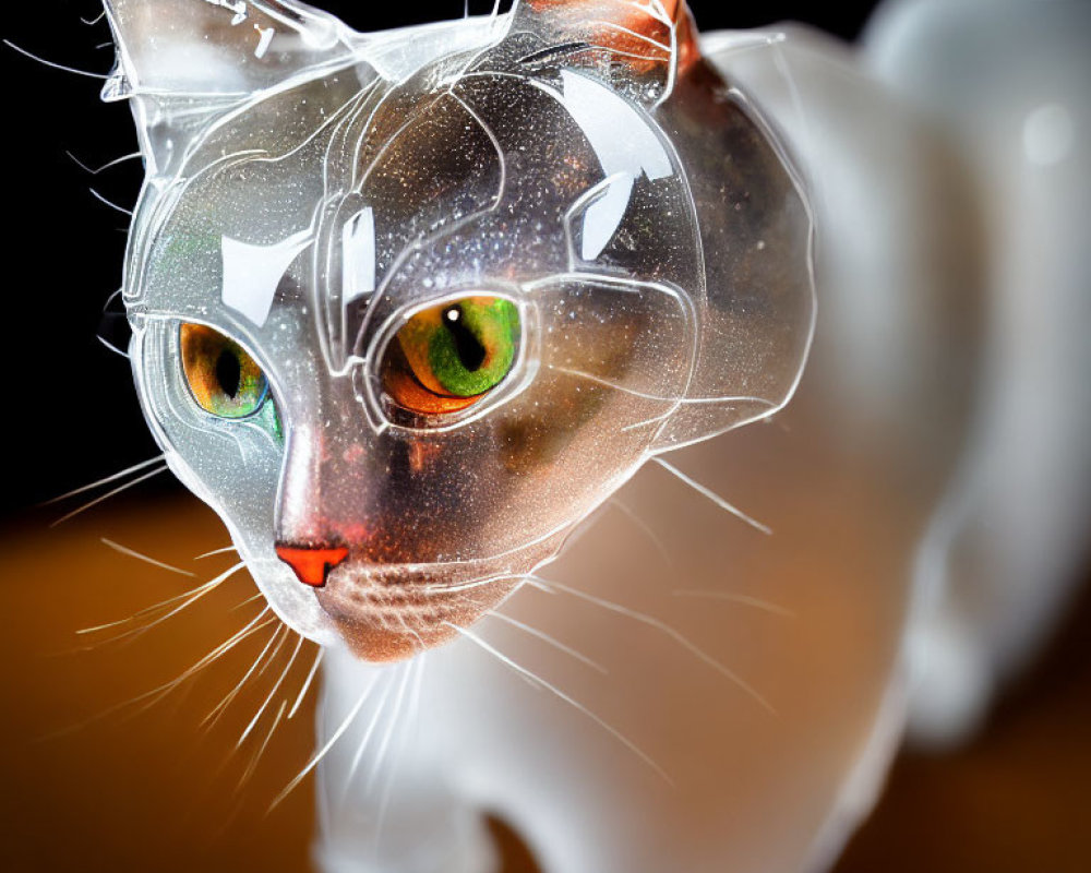 Translucent Cat Figurine with Green Eyes on Dark Background