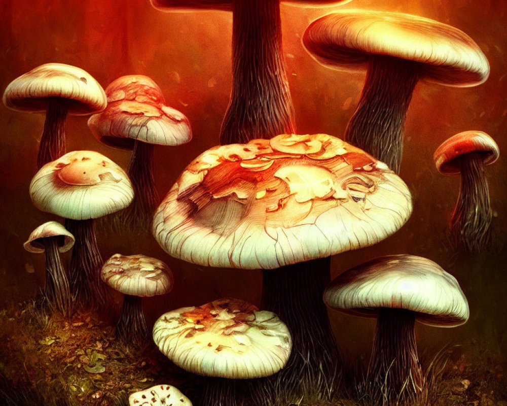 Mystical forest scene with oversized stylized mushrooms in warm autumnal tones