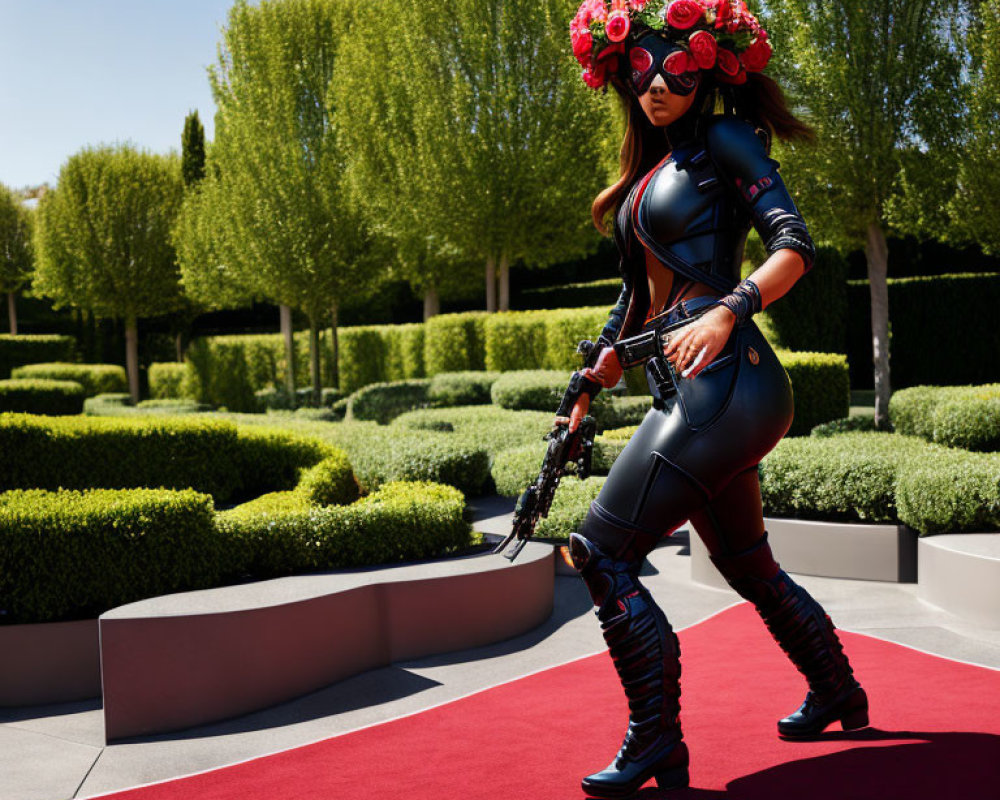 Person in Black Bodysuit with Red Floral Headgear Walking on Red Walkway surrounded by Green Bush