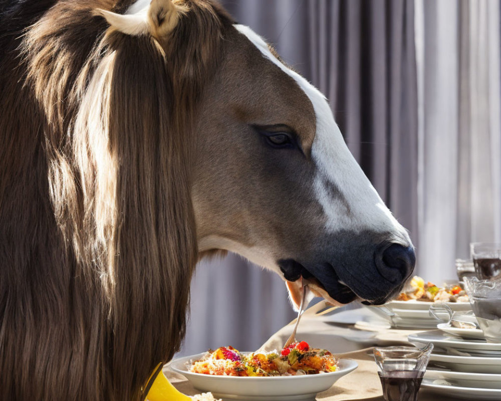 Horse with flowing mane eating at dining table under sunlight