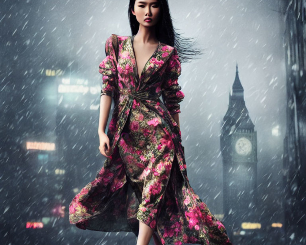 Woman in floral dress at night with Big Ben and falling snow