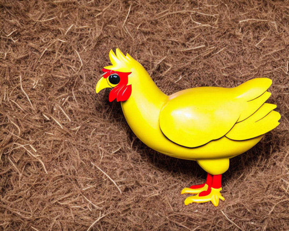 Yellow Plastic Chicken Toy on Textured Brown Background