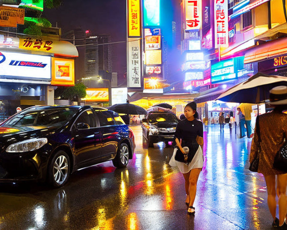 Busy City Street at Night: Neon Signs, Pedestrians with Umbrellas, Rainy Reflections