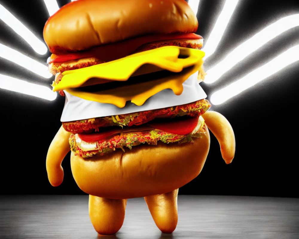 Stylized cheeseburger with animated legs on black background