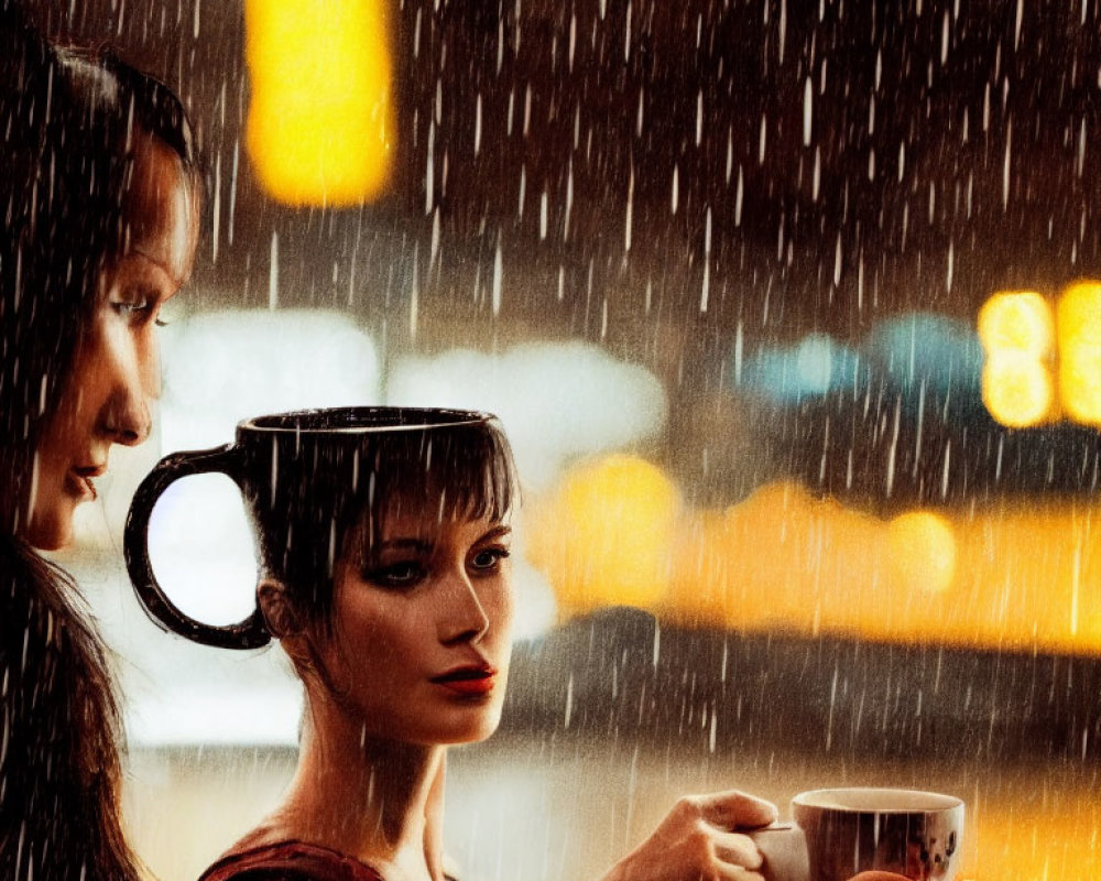 Digitally altered image: Two women with coffee cup hairstyles, city lights bokeh.