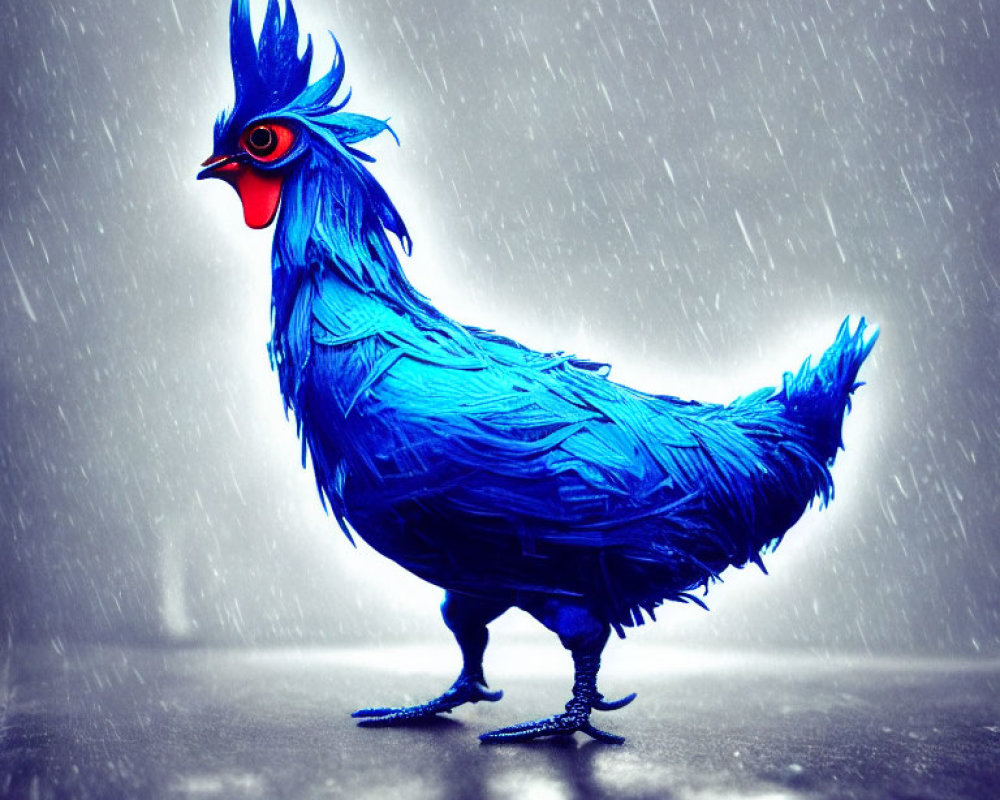 Colorful Rooster with Red Crest in Rainy Scene