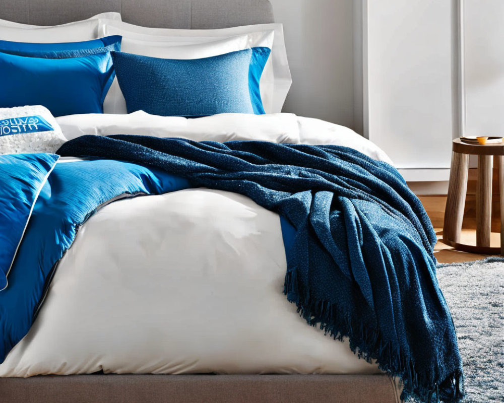 Neatly made modern bedroom with white and blue bedding, throw blanket, pillows, wooden stool,