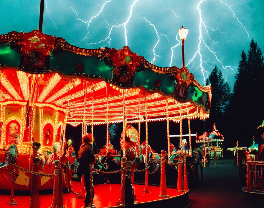 Nighttime carousel scene with dramatic sky and lightning strikes