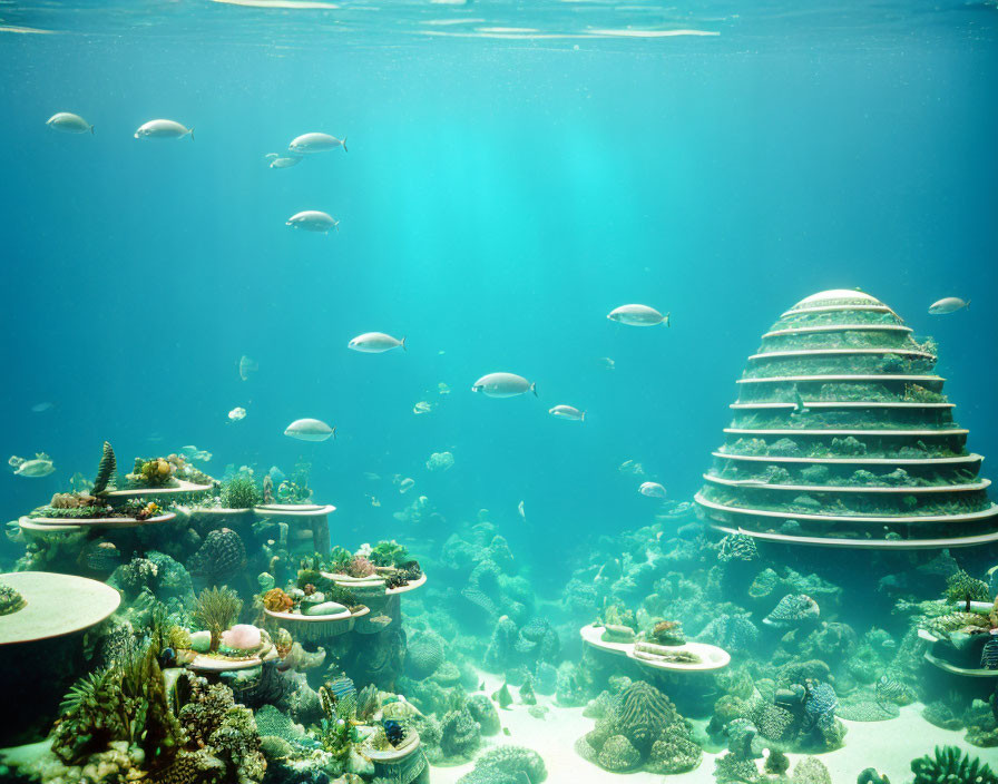 Underwater scene with fish, coral reefs & futuristic structure