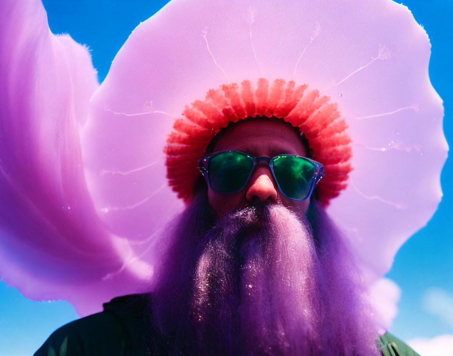 Purple-bearded person in sunglasses with pink hat under blue sky