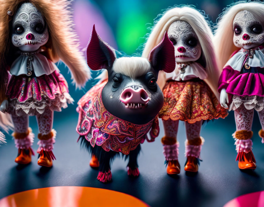 Creepy dolls and pig with skull-like faces on reflective surface