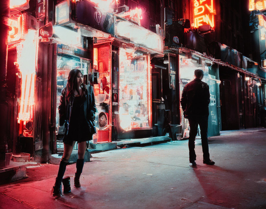 Man and woman on neon-lit street at night with vibrant city ambiance