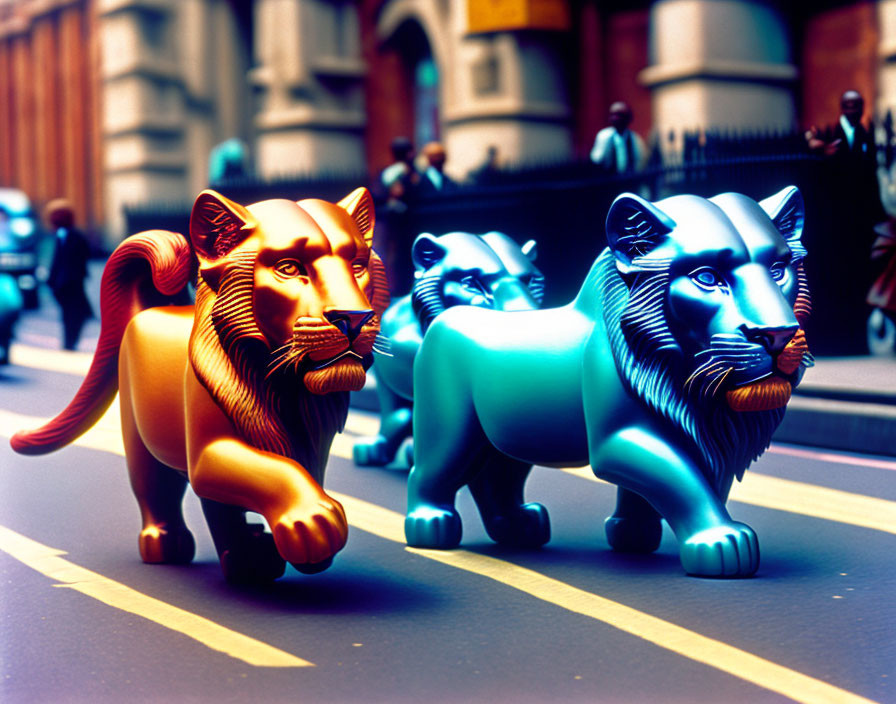 Colorful lion statues walking on urban street with blurred figures