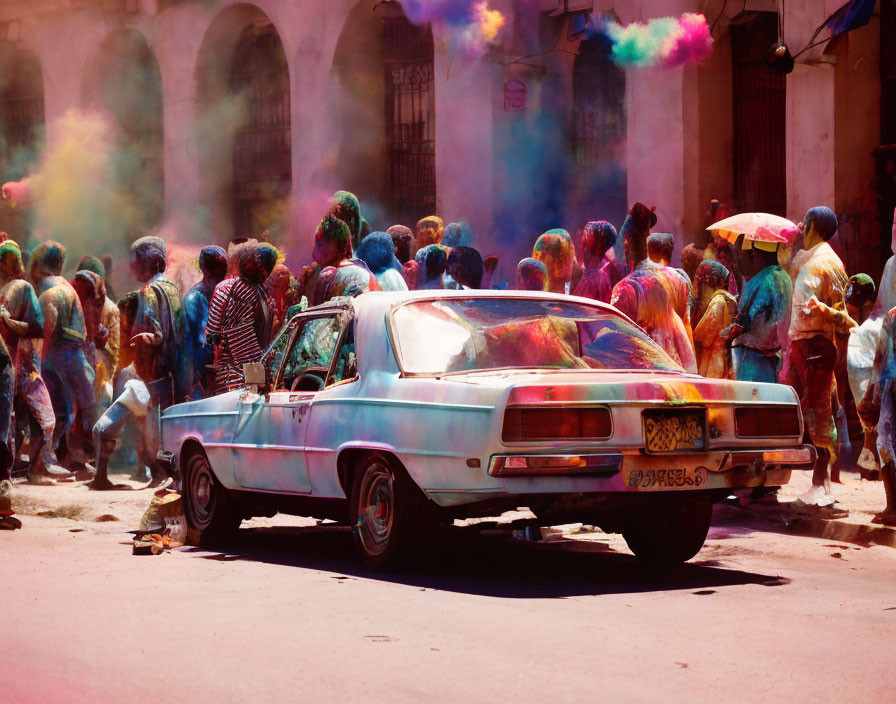 Colorful Holi celebration with vintage car in street scene