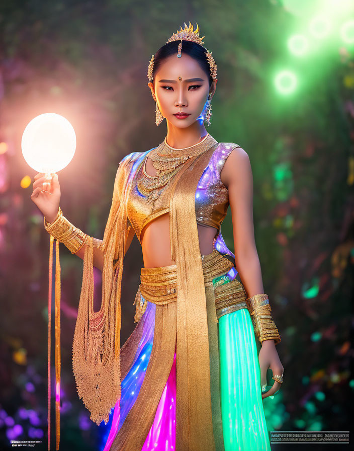 Traditional Thai Attire Woman Holding Glowing Orb in Enchanted Setting