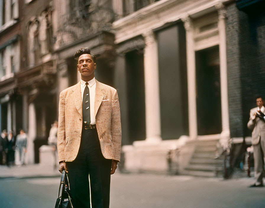 Confident man in tweed jacket with briefcase on city street