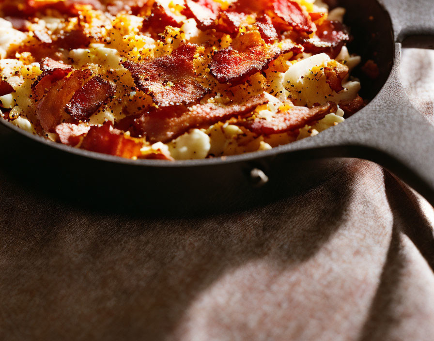 Skillet with crispy bacon strips and scrambled eggs on brown cloth surface