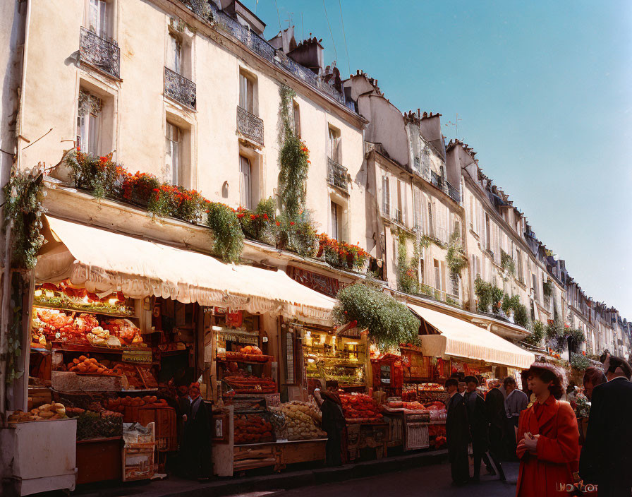 Colorful Street Market with Fresh Produce and Classic European Buildings