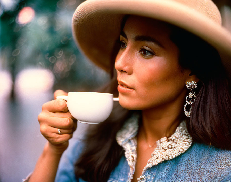 Woman in wide-brimmed hat sips from white cup in denim jacket.