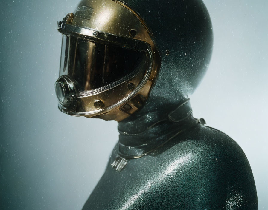 Glittering dark space suit with golden helmet in close-up