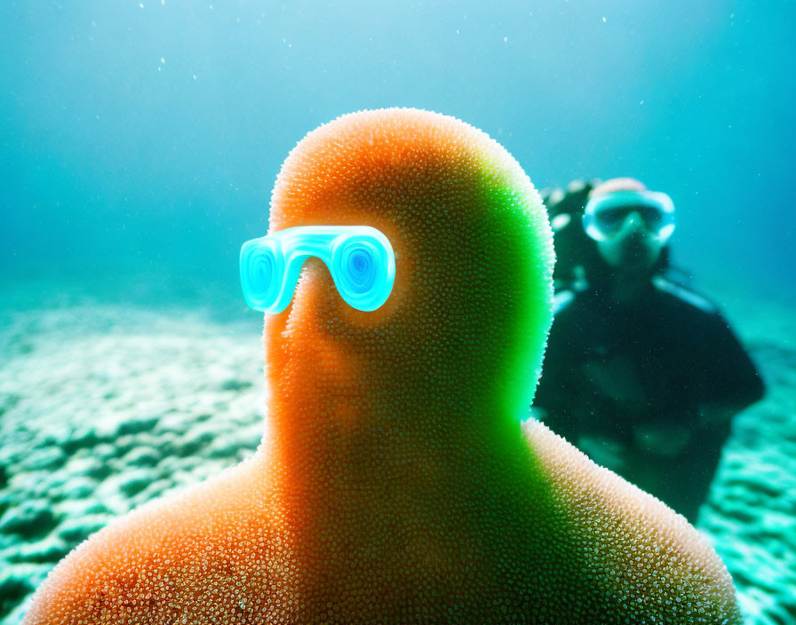 Cartoonish glasses on starfish, diver in underwater scene.