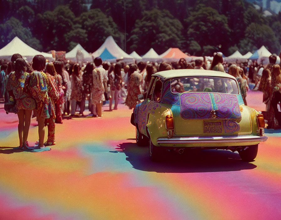 Vintage Car with Psychedelic Patterns on Multicolored Surface