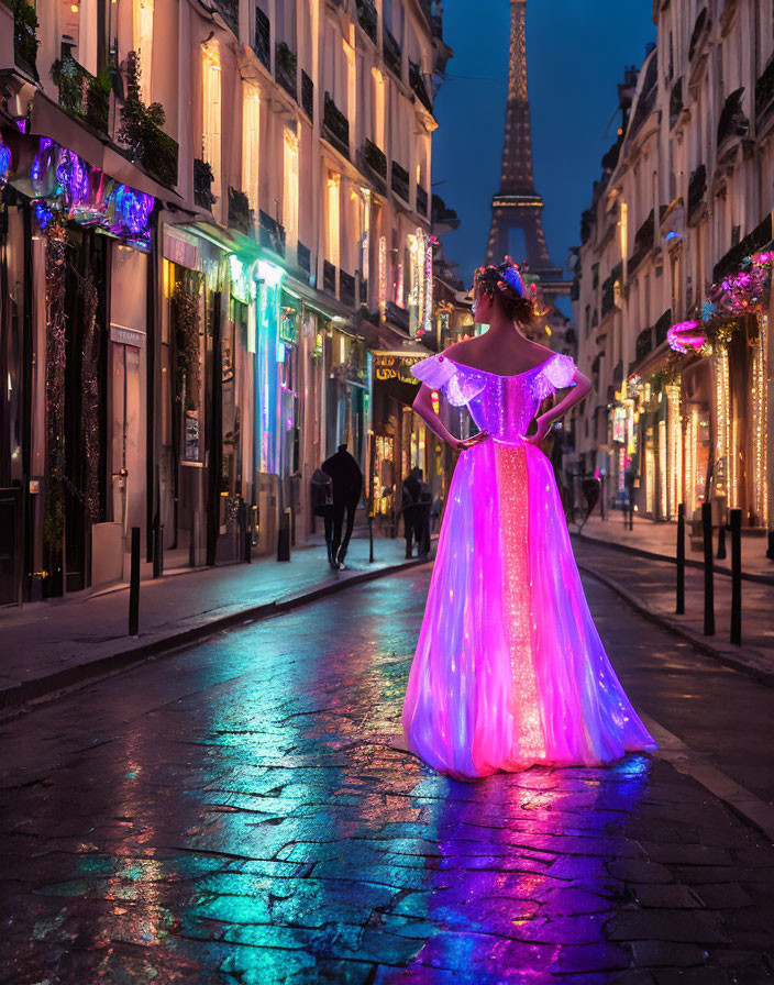 Person in Colorful Dress Strolling on Cobblestone Street at Dusk