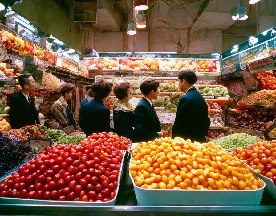 Colorful Fruit Market Display with Customers and Vendor