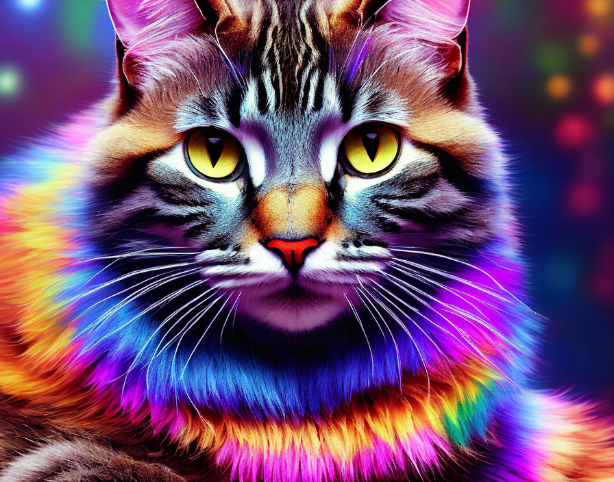 Colorful Digital Artwork: Rainbow Cat with Yellow Eyes