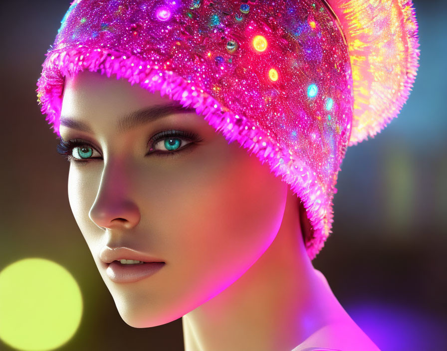 Woman with Green Eyes in Sparkling Beanie Hat Under Neon Lights