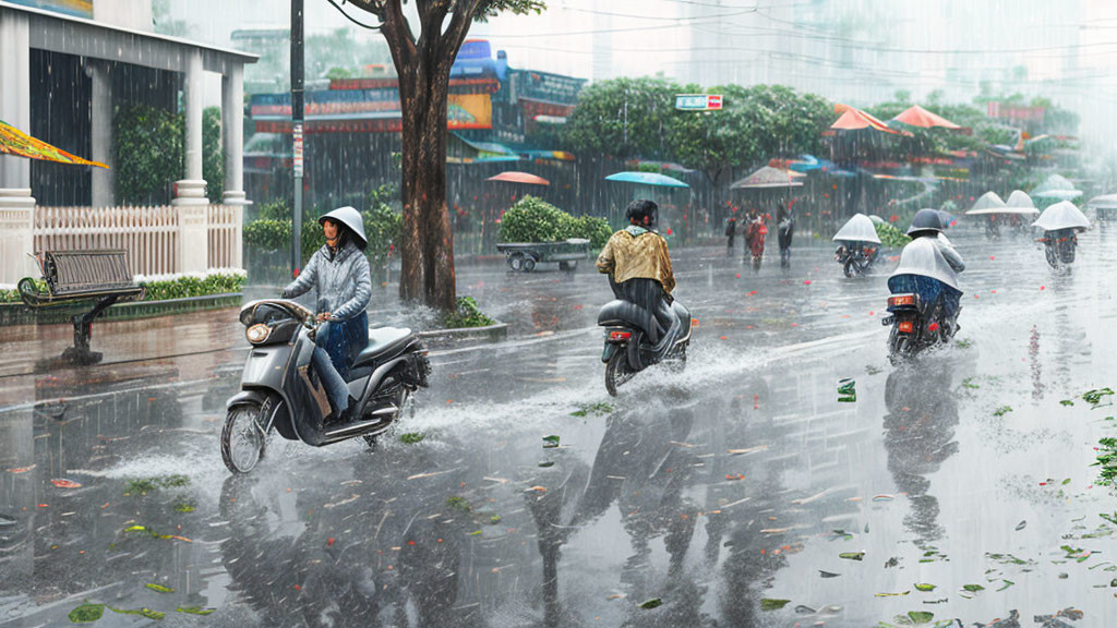 Wet urban street scene: Motorcyclists in heavy rain with splashes, people in rainco