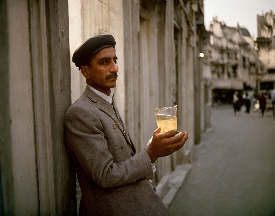 Man in beret and suit with glass, city street at dusk