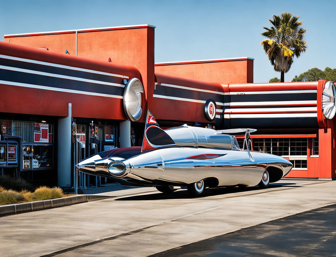 Vintage Blue and Silver Car Outside Retro Diner with Red and White Stripes