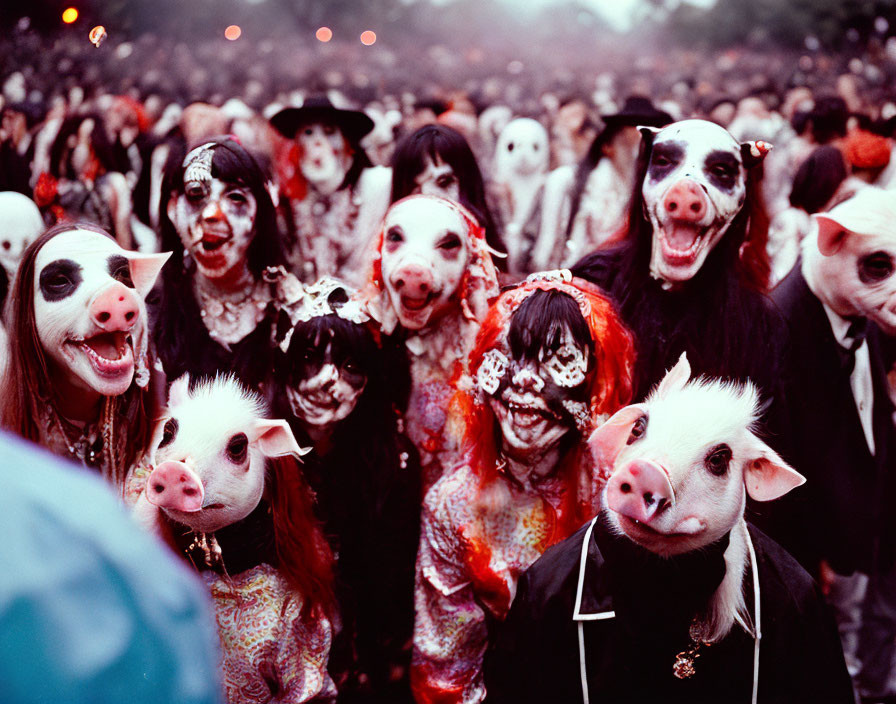 Group of people in pig masks and makeup outdoors with spooky or festive vibe