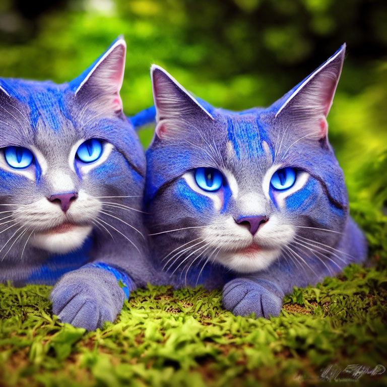 Three cats with blue fur and eyes on green grass in fantastical art