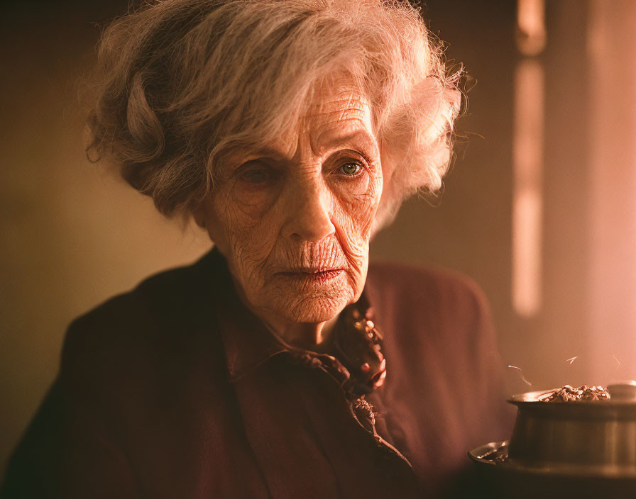 Elderly woman with white hair and necklace in warm lighting