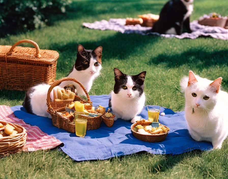 Three Cats Picnic on Sunny Lawn with Baskets and Juice