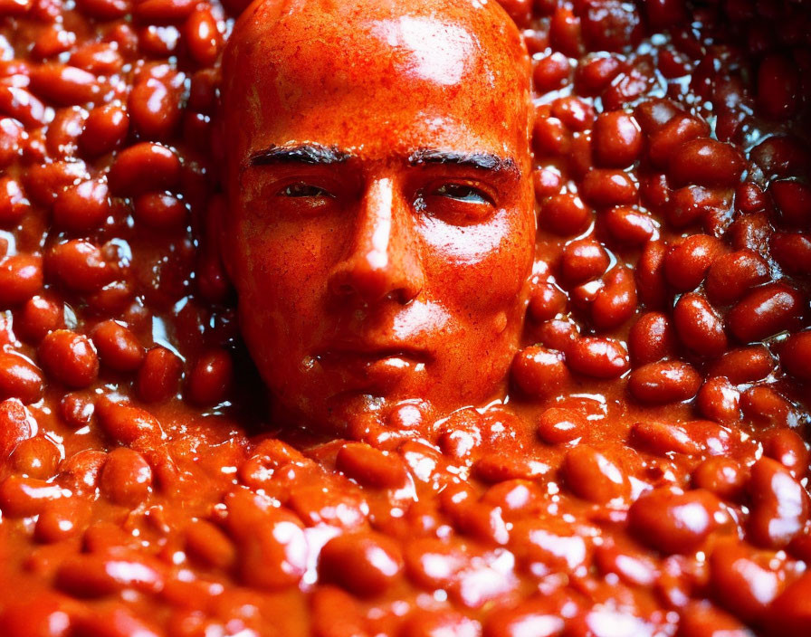 Face partially submerged in red beans for textured portrait