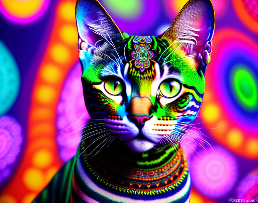 Vibrantly Colored Cat with Psychedelic Background