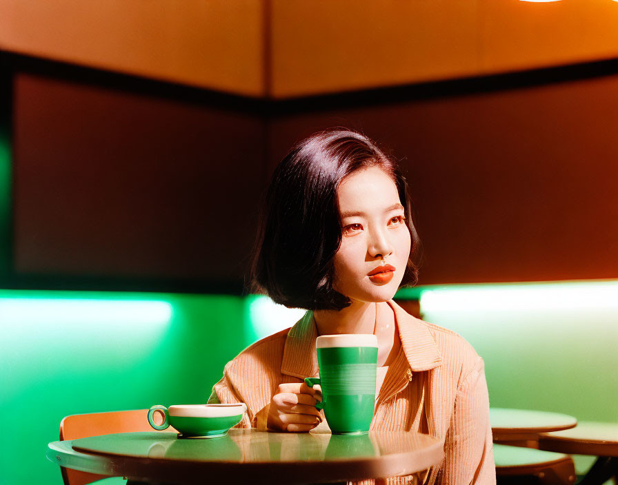 Woman with Bob Haircut Holding Green Mug in Warmly Lit Room