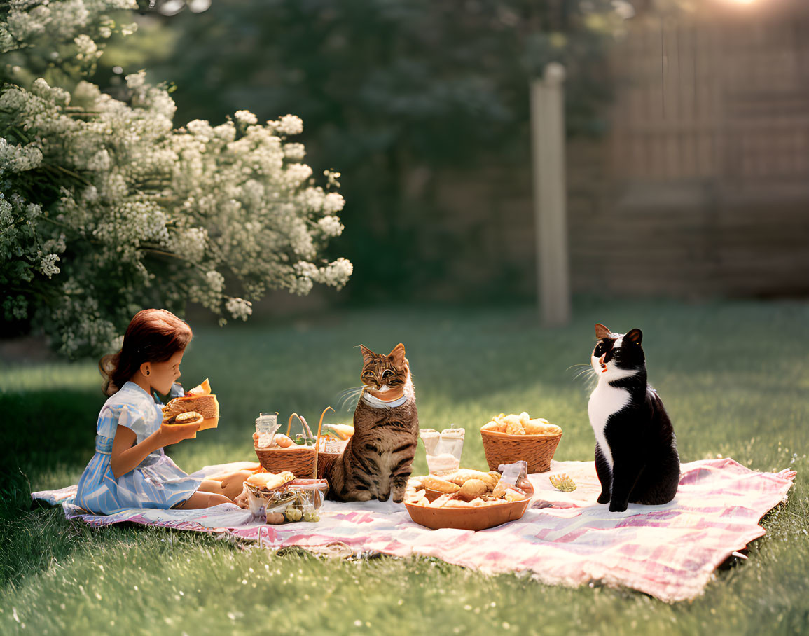 Young girl and two cats picnic on checkered blanket in lush garden