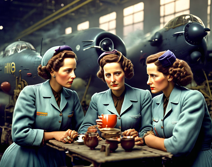 Three women in blue work attire on tea break in wartime aircraft factory