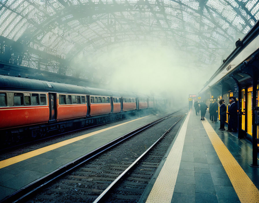 Passengers on foggy platform as red train arrives at station with ornate ceiling