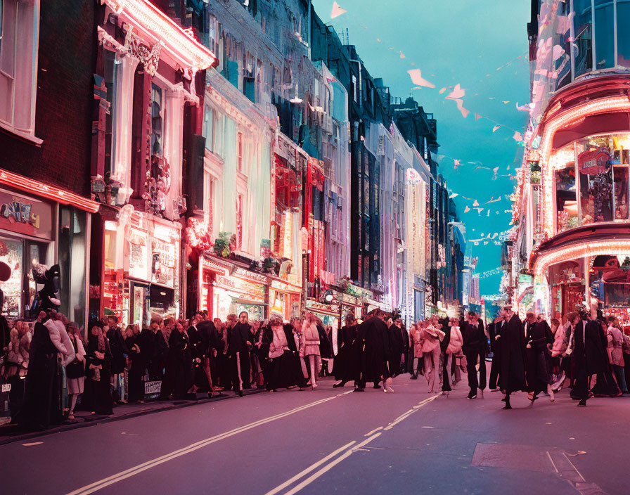 Festively lit street with crowds during holiday season