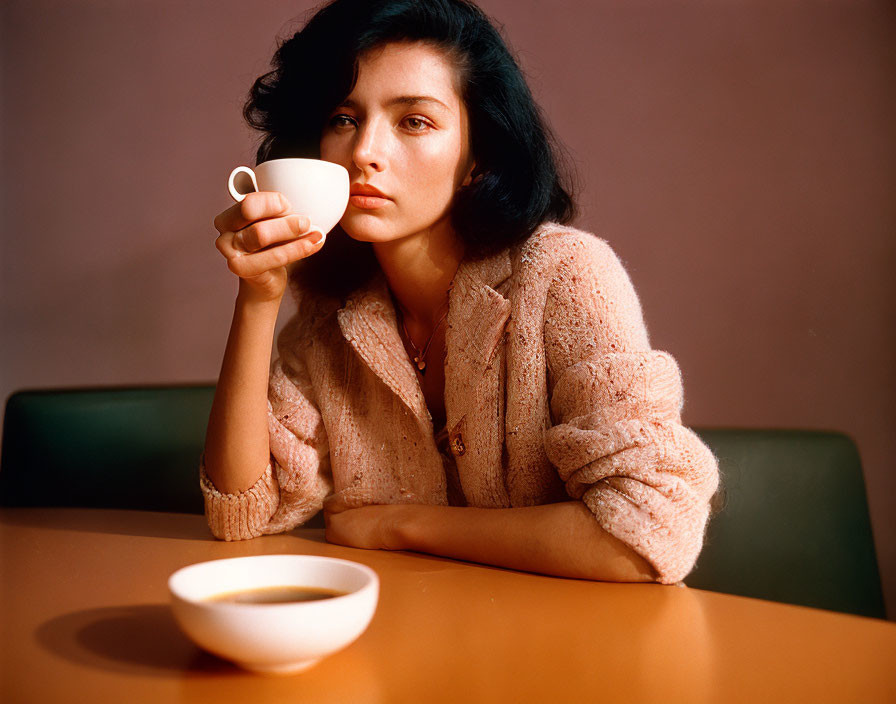 Pensive woman in peach cardigan with white cup on table