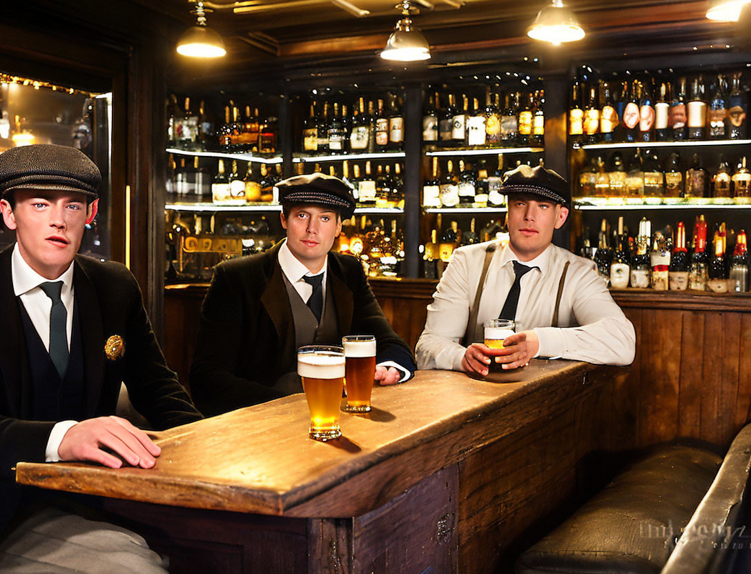 Vintage-dressed men in pub with pints and liquor shelves.