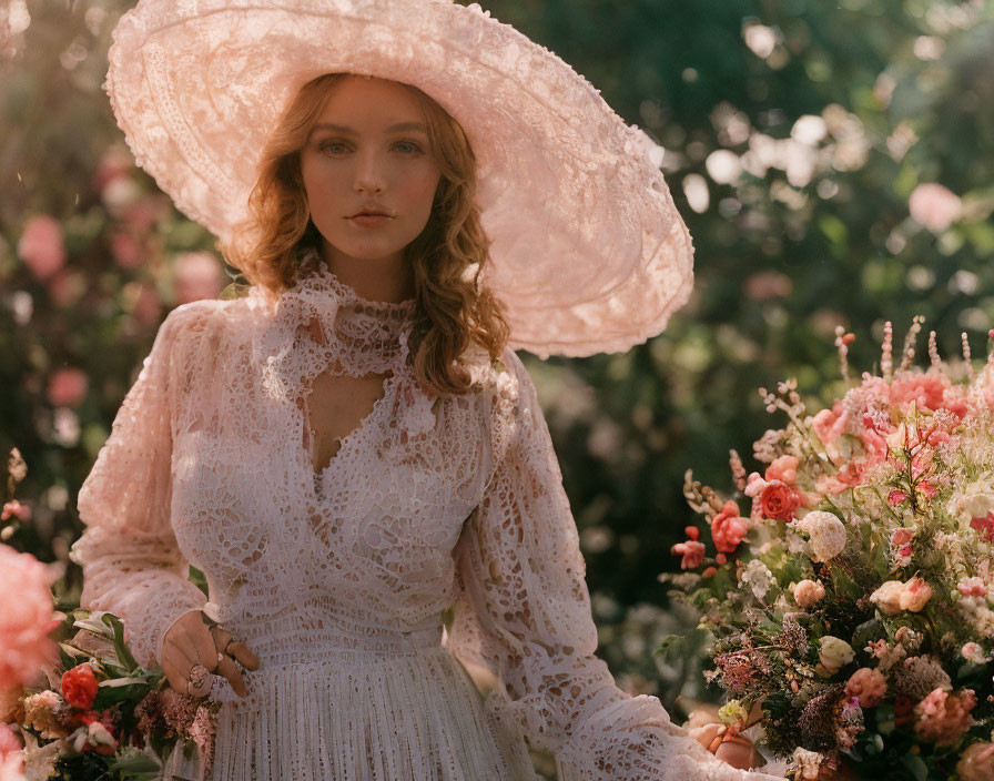 Woman in White Lace Dress and Wide-Brimmed Hat Surrounded by Blooming Flowers