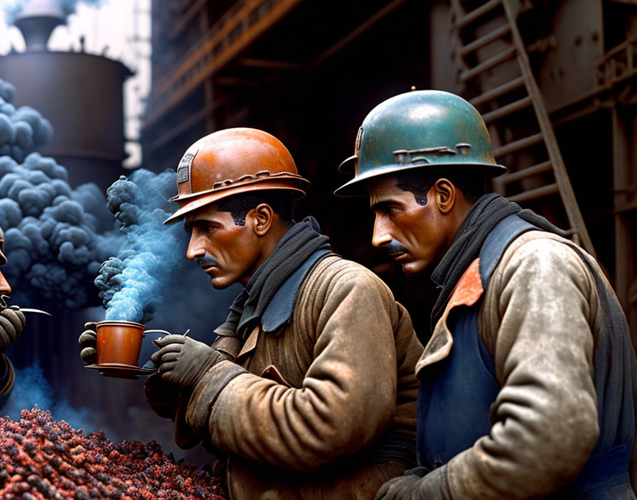 Two workers in hard hats taking a break in industrial setting with steaming cup and vibrant colors.